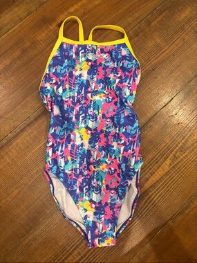 Girls' Multicolor One-Piece Swimsuit with Yellow Trim
